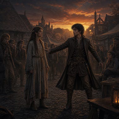 Clarion and Fleetwood’s first meeting in a Barovian village square at dusk; Clarion tall and solemn in too-short novice robes, dust glowing in warm fading light; Fleetwood stepping between her and unseen cruelty, calm and steady; their eyes meeting in a moment of romantic, fated recognition; atmosphere tender, destiny-tinged, and Barovian Gothic; original faces with no resemblance to real people