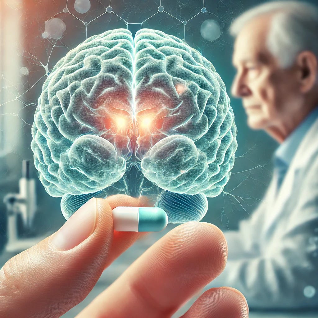 An elderly person taking a benzodiazepine pill, with a semi-transparent overlay showing a brain. The brain has highlighted areas indicating the hippocampus, amygdala, and thalamus. The background depicts a serene, clinical environment with soft lighting, conveying a sense of calm and medical precision. The elderly person appears thoughtful, reflecting on the potential long-term effects of the medication.