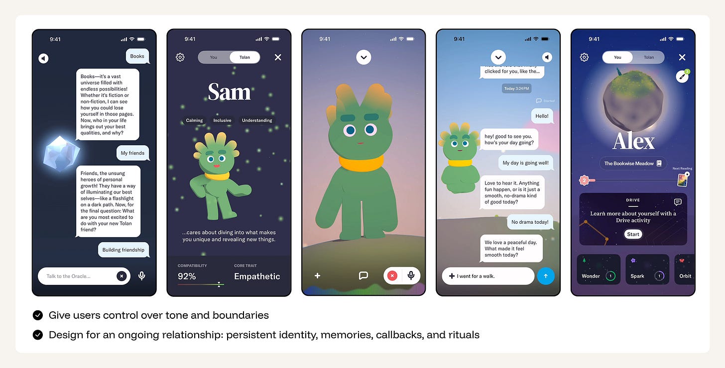 Tolans app showing a persistent AI companion with customizable personality, tone, and ongoing chat interactions.