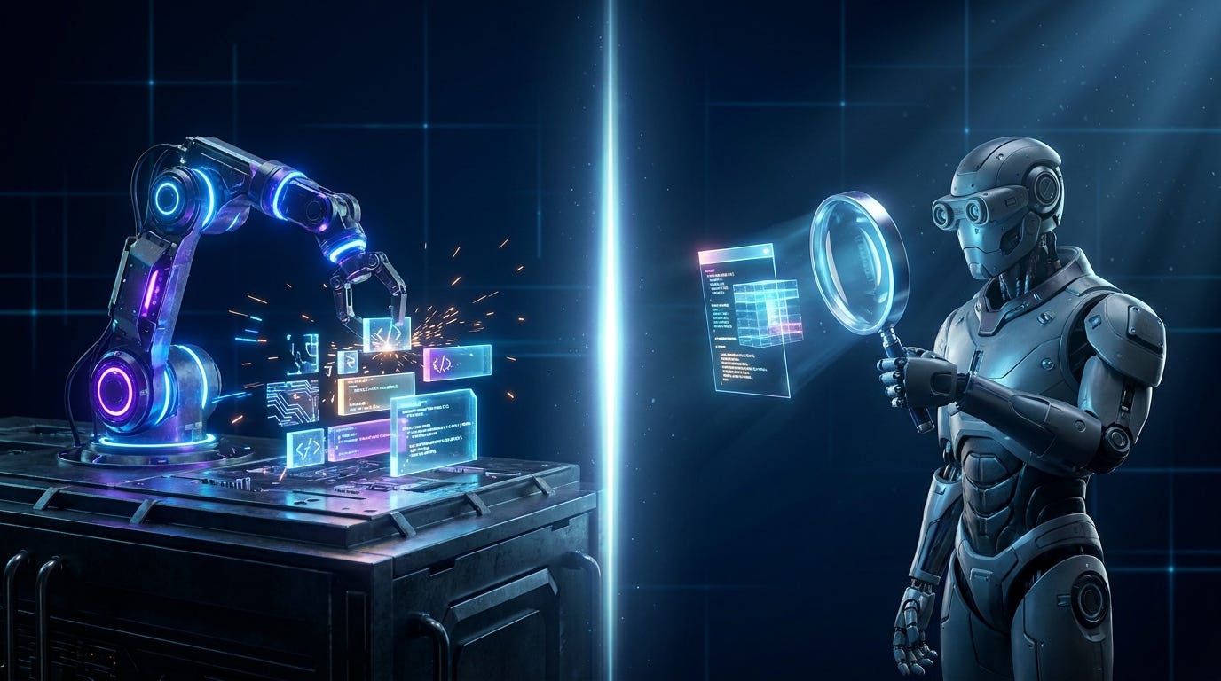 AI Agents maker/checker split: one robotic entity assembles glowing code while a second inspects it with a magnifying glass, separated by a bold beam of light in a dark digital environment