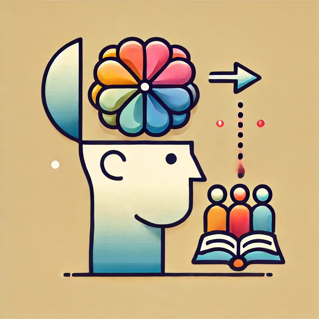 Create a simple and clean image to symbolize the concept that the human mind is shaped by cultural evolution and relies more on imitation than on insight or reason. Show a human figure's head with a colorful brain inside, and an arrow pointing from a smaller group of people or a book into the brain, representing the idea of learning through imitation. Use soft, appealing colors, and keep the design minimalistic with only essential elements.