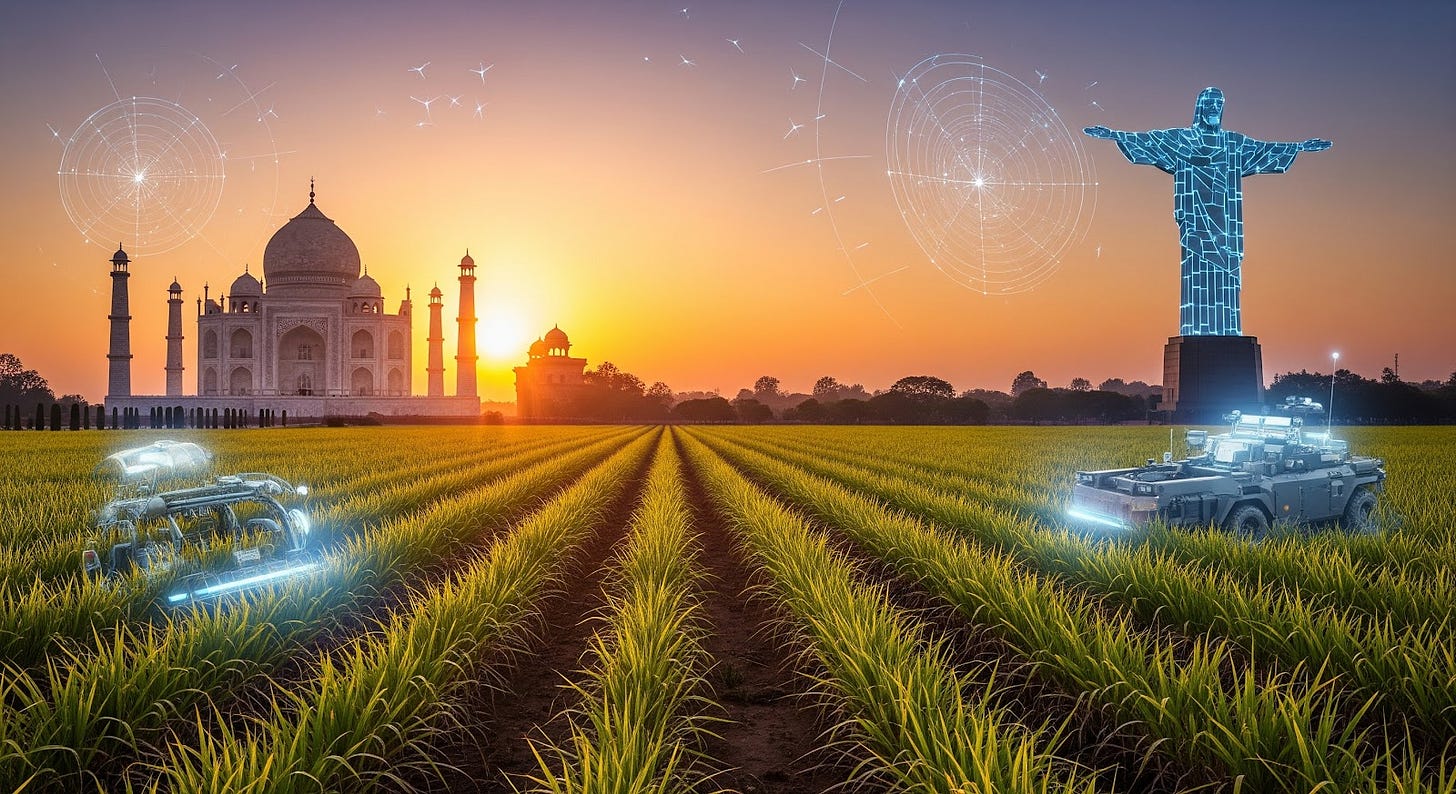 An artistic representation blending elements of Indian and Brazilian culture, such as the Taj Mahal and Christ the Redeemer, with subtle hints of defense technology and sugarcane fields.