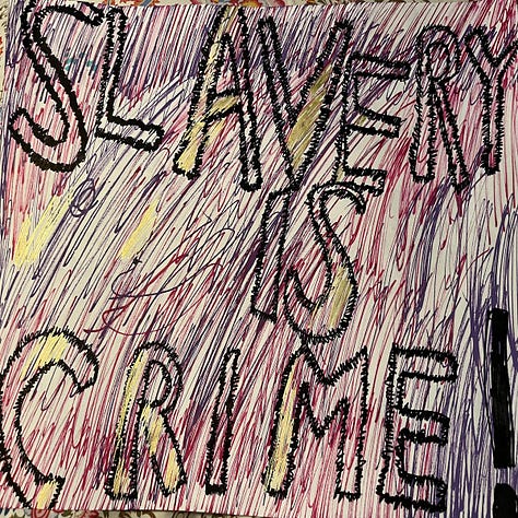 In first picture, Vumbi Dekula in a "BOSS" cap stares intently at his guitar as he plays it in on a couch in a sky-blue room. Second photo, the words "SLAVERY IS CRIME' is written in black outling over a scribbling of yellow, pink and black colors. In the third picture are four members of Dekula band.