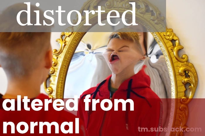 Image of a boy looking into a mirror; his face is distorted. Used to illustrate the meaning of the SAT vocabulary word DISTORTED.