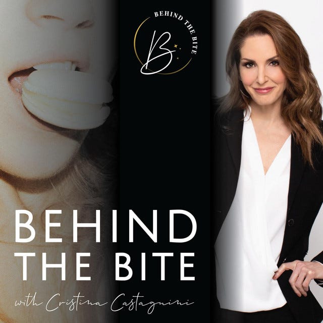 four podcast cover images for big brave business with sarah heeter, behind the bite with cristina castagnini, nutrition and life with lisa franz, and money isn't scary with meghan dwyer