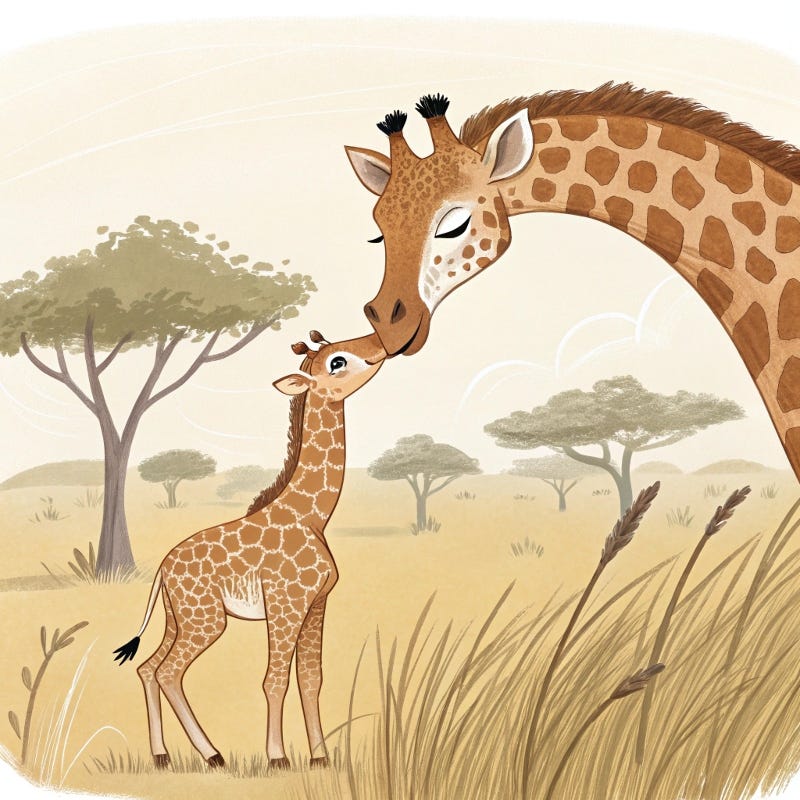 an illustration of a mummy giraffe kissing her little calf standing beside her. 