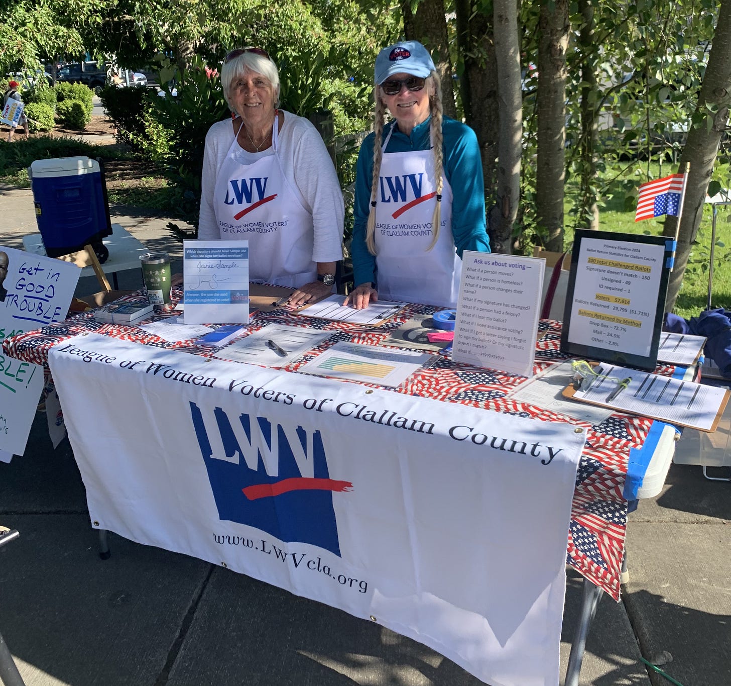 The League of Women Voters (lower photos) identifies as nonpartisan, yet members are shown attending and promoting Indivisible Sequim rallies. This raises a fair question: can the League truly maintain a nonpartisan stance? (4 of 4) (4 of 4)