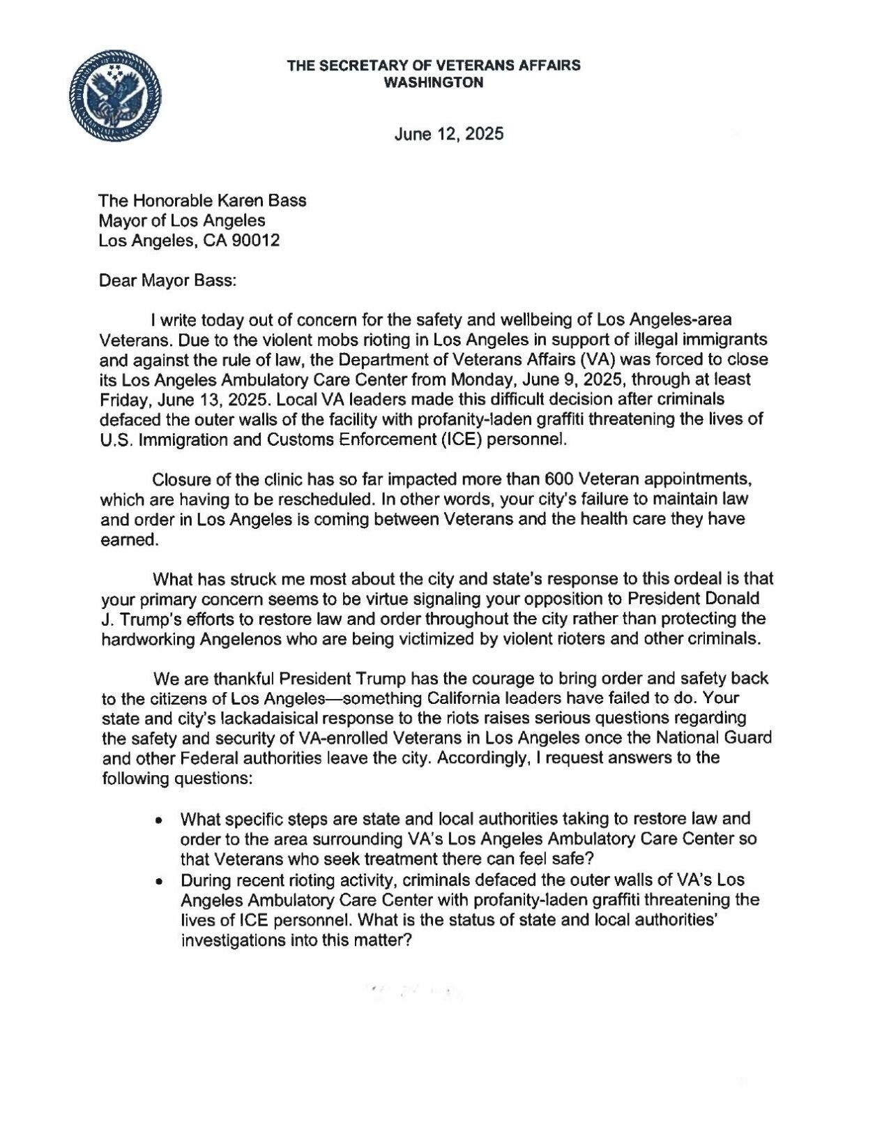 VA letter to Karen Bass 6-12-25 VA letter to Karen Bass 6-12-25