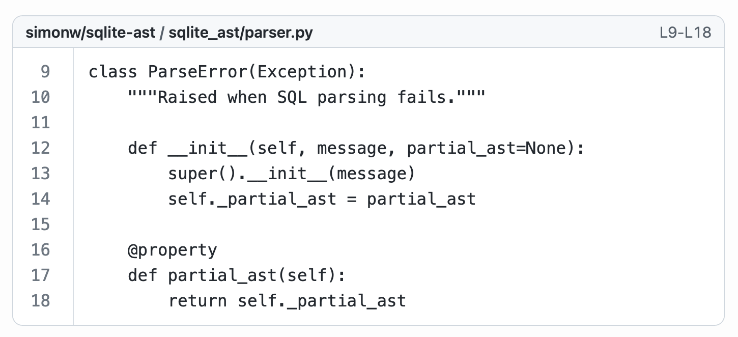 Screenshot of some source code, it has line numbers and a header that reads simonw/sqlite-ast sqlite_ast/parser.py - lines 9 through 18 are shown