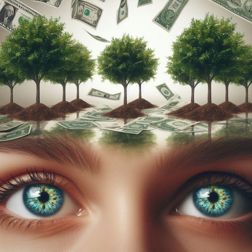 eyes open with a reflection of money growing on trees