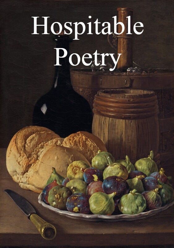 A dish of about two dozen figs, a crusty loaf of bread, a tall, black flask, and two wooden vessels are closely gathered on a wooden table or ledge in this vertical still life painting. At the front right, the figs are either deep purple or pale green. The shallow, pale lavender-gray dish in which they are piled has a narrow, scalloped edge. The round loaf of golden-brown bread, with its split top, sits behind and to our left of the figs. In the lower left corner, next to the figs and closest to us, the handle of a knife projects toward us. Its pewter-colored blade angles back away from us. Beyond the bread is a wide-bellied, black, long-necked bottle with a cork. White reflections of windows out of our view to our left glint on the shiny, inky surface. Next to it, to our right, a small wooden barrel is about the size of an American football. At the back right, the cylindrical neck of a copper vessel pokes out of a pile of pale ice shavings, all within a keg-like bucket. The still life is set against a dark brown background. A dish of about two dozen figs, a crusty loaf of bread, a tall, black flask, and two wooden vessels are closely gathered on a wooden table or ledge in this vertical still life painting. At the front right, the figs are either deep purple or pale green. The shallow, pale lavender-gray dish in which they are piled has a narrow, scalloped edge. The round loaf of golden-brown bread, with its split top, sits behind and to our left of the figs. In the lower left corner, next to the figs and closest to us, the handle of a knife projects toward us. Its pewter-colored blade angles back away from us. Beyond the bread is a wide-bellied, black, long-necked bottle with a cork. White reflections of windows out of our view to our left glint on the shiny, inky surface. Next to it, to our right, a small wooden barrel is about the size of an American football. At the back right, the cylindrical neck of a copper vessel pokes out of a pile of pale ice shavings, all within a keg-like bucket. The still life is set against a dark brown background.