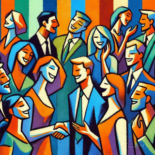 An illustration of a vibrant networking scene, featuring diverse people engaged in conversation, showing warmth and interaction through smiles and handshakes.