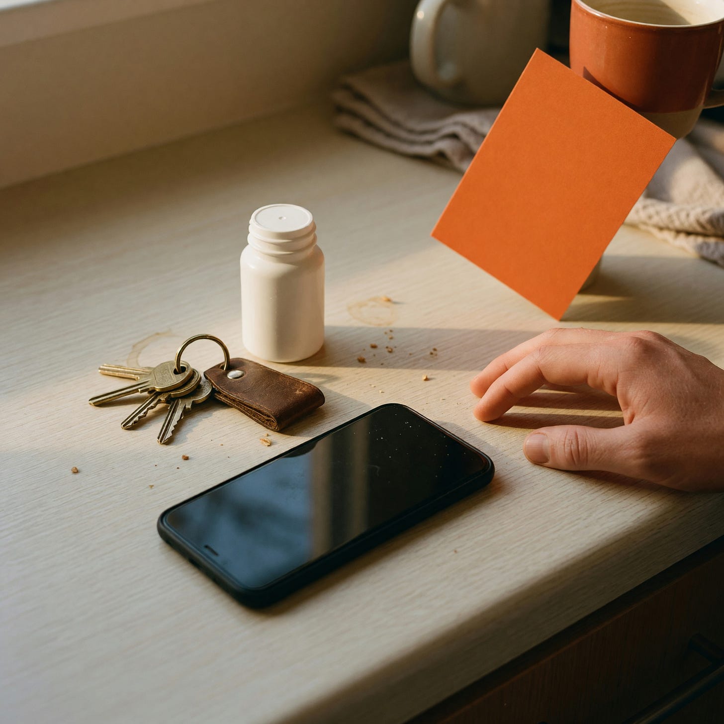 A kitchen counter in warm morning light with a phone lying face up and switched off, an unlabelled white bottle, keys, and a hand resting nearby without reaching for any of it