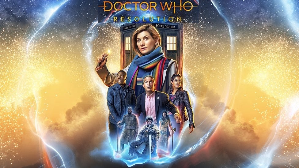 This image shows the British Broadcasting Corporation's (BBC's) one-sheet poster for "Resolution" (Doctor Who's 2019 New Year's Day Special). The Thirteenth Doctor (played by Jodie Whittaker) wears a festive scarf and holds her sonic screwdriver in her right hand while standing in front of the TARDIS. Below her, from left to right, stand companions Ryan Sinclair (played by Tosin Cole), Graham O'Brien (played by Bradley Walsh), and Yasmin "Yaz" Khan (played by Mandip Gill). Below the companions sit three ancient human guardians of a defeated Dalek. The Time Vortex provides this image's background, while the words "Doctor Who" and "Resolution" appear at the image's top (overlaying the TARDIS's top). This image shows the British Broadcasting Corporation's (BBC's) one-sheet poster for "Resolution" (Doctor Who's 2019 New Year's Day Special). The Thirteenth Doctor (played by Jodie Whittaker) wears a festive scarf and holds her sonic screwdriver in her right hand while standing in front of the TARDIS. Below her, from left to right, stand companions Ryan Sinclair (played by Tosin Cole), Graham O'Brien (played by Bradley Walsh), and Yasmin "Yaz" Khan (played by Mandip Gill). Below the companions sit three ancient human guardians of a defeated Dalek. The Time Vortex provides this image's background, while the words "Doctor Who" and "Resolution" appear at the image's top (overlaying the TARDIS's top).