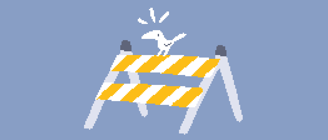 A pixel-y drawing of a bird sitting on top of a construction sign. Lines above the bird imply that it's making a sound.