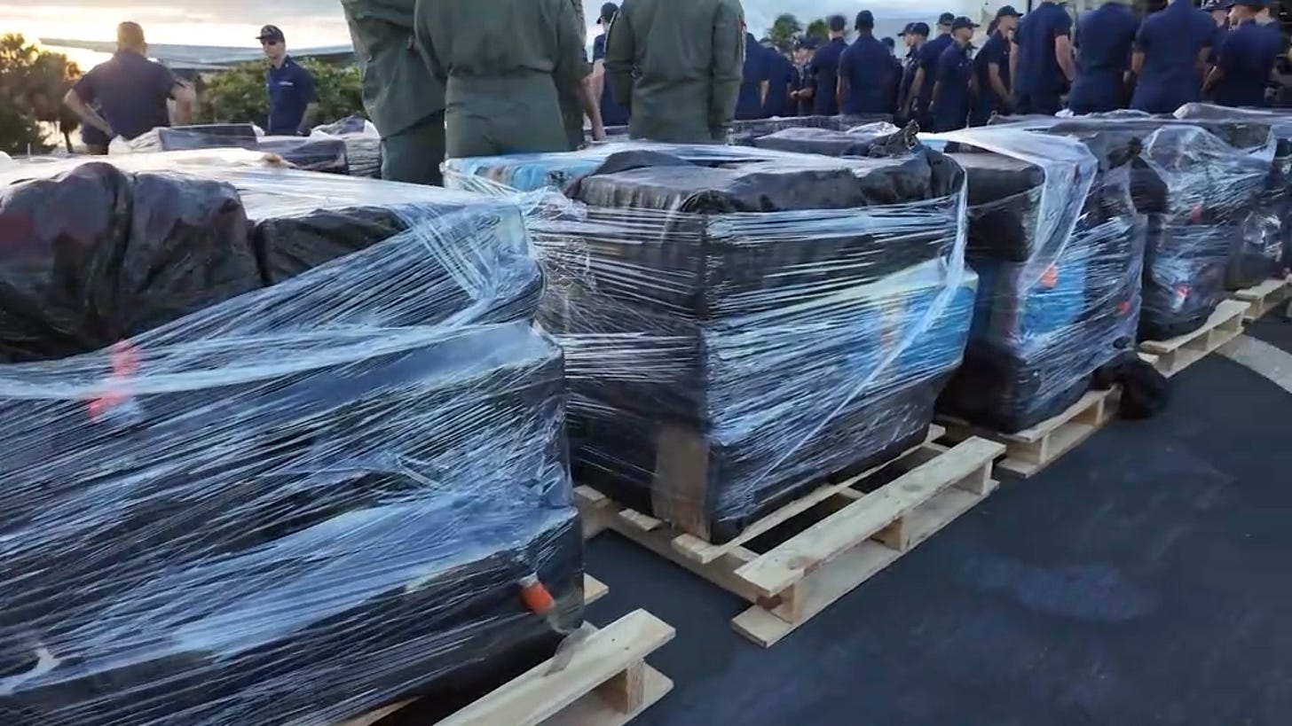 Seized cartel contraband (mostly cocaine) on the  deck of the US Coast Guard Cutter Tampa (US Coast Guard photo)