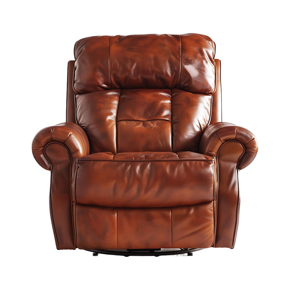 A heavily stuffed brown leather recliner.