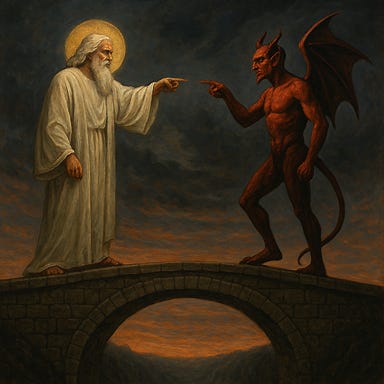 a bridge with God at one end and the Devil at the other