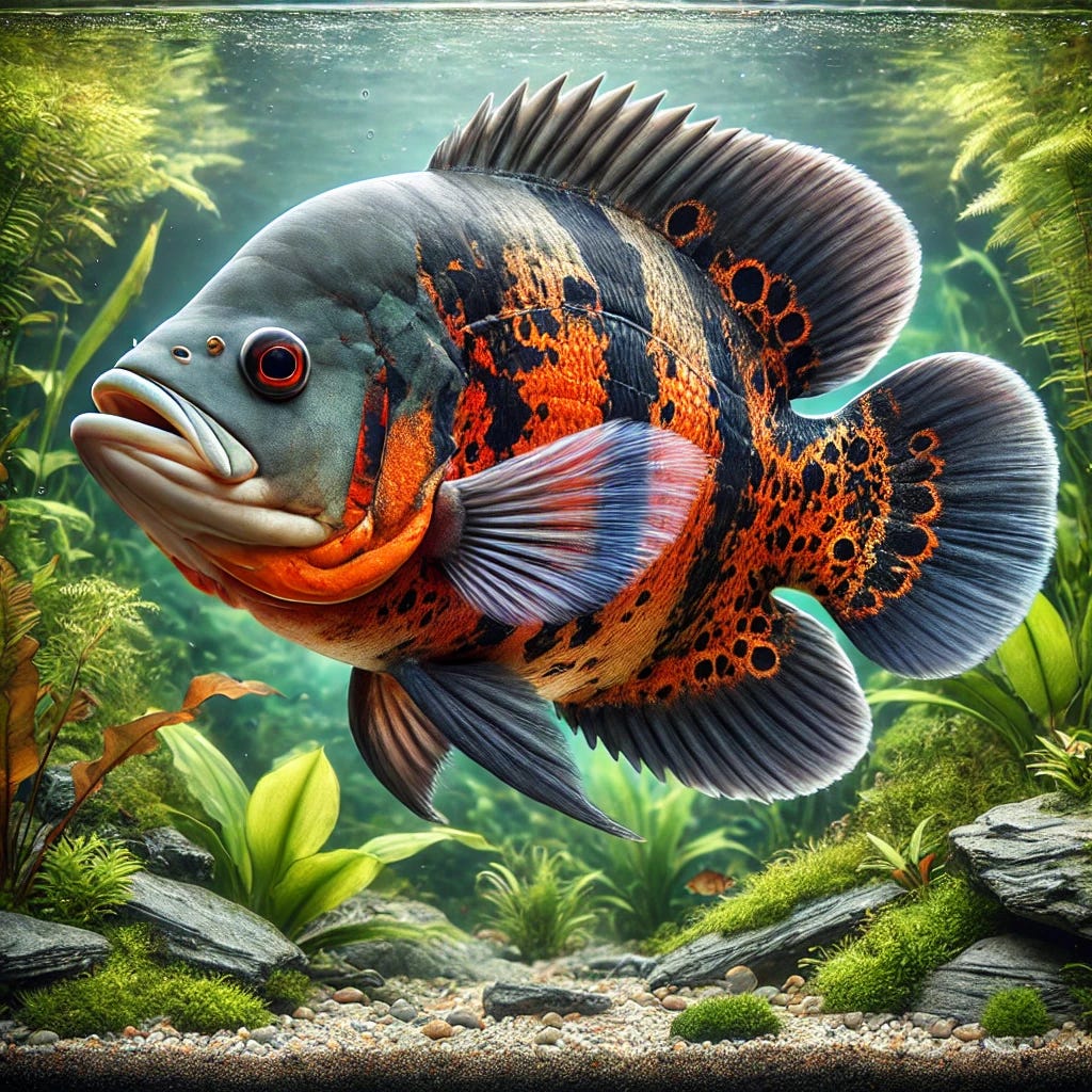 A detailed and realistic image of an Oscar fish (Astronotus ocellatus), showcasing its vibrant colors, including orange and black patterns, in a natural aquarium setting. The background features lush aquatic plants, rocks, and clear water, emphasizing the fish's striking appearance. The focus is on the fish, with its dorsal and tail fins elegantly displayed, capturing its majestic presence in the water. A detailed and realistic image of an Oscar fish (Astronotus ocellatus), showcasing its vibrant colors, including orange and black patterns, in a natural aquarium setting. The background features lush aquatic plants, rocks, and clear water, emphasizing the fish's striking appearance. The focus is on the fish, with its dorsal and tail fins elegantly displayed, capturing its majestic presence in the water.