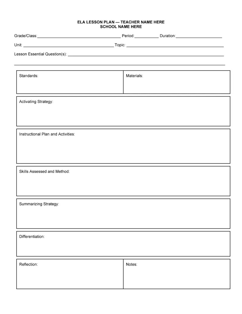 Free English Language Arts (ELA) Lesson Plan Template