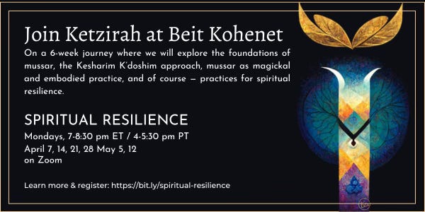 Join Ketzirah at Beit Kohenet On a 6-week journey where we will explore the foundations of mussar, the Kesharim K’doshim approach, mussar as magickal and embodied practice, and of course — practices for spiritual resilience. SPIRITUAL RESILIENCE Mondays, 7-8:30 pm ET / 4-5:30 pm PT  April 7, 14, 21, 28 May 5, 12 on Zoom Learn more & register: https://bit.ly/spiritual-resilience
