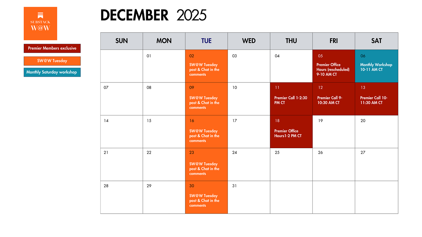December 2025 Substack Writers at Work calendar of events December 2025 Substack Writers at Work calendar of events