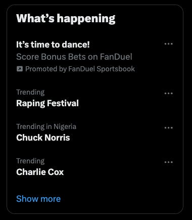 Screenshots from Twitter showing that the Ozoro rape festival is top trending news in Nigeria