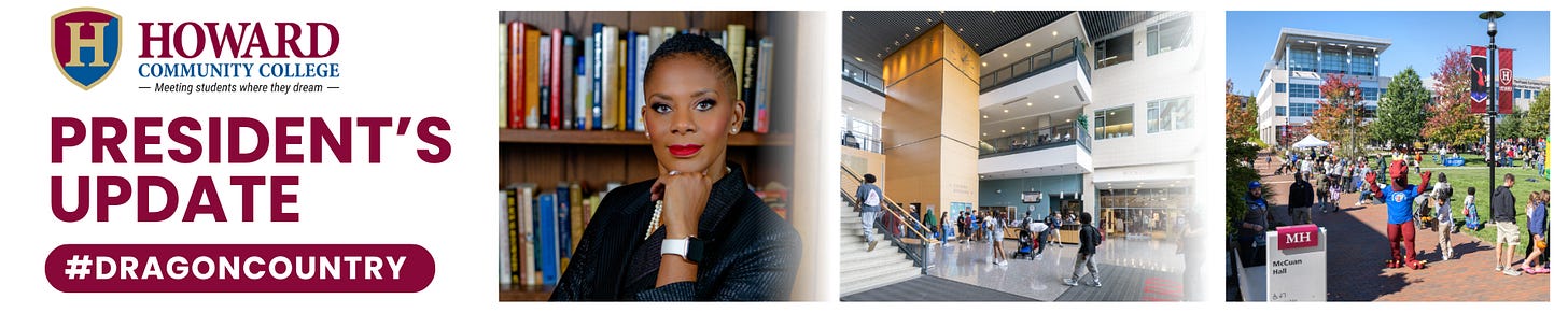 Banner reading President's Update with #DragonCountry contains image of Daria Willis, campus lobby with students, and a festival with mascot centered in the middle with raised arms