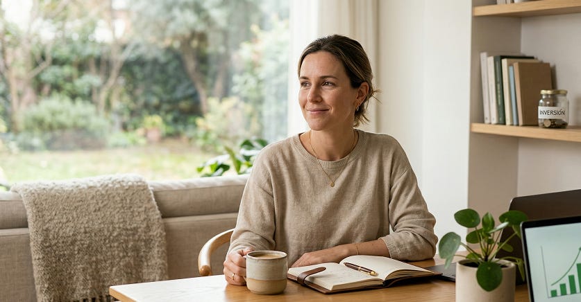 Mujer feliz y satisfecha que practica el minimalismo financiero