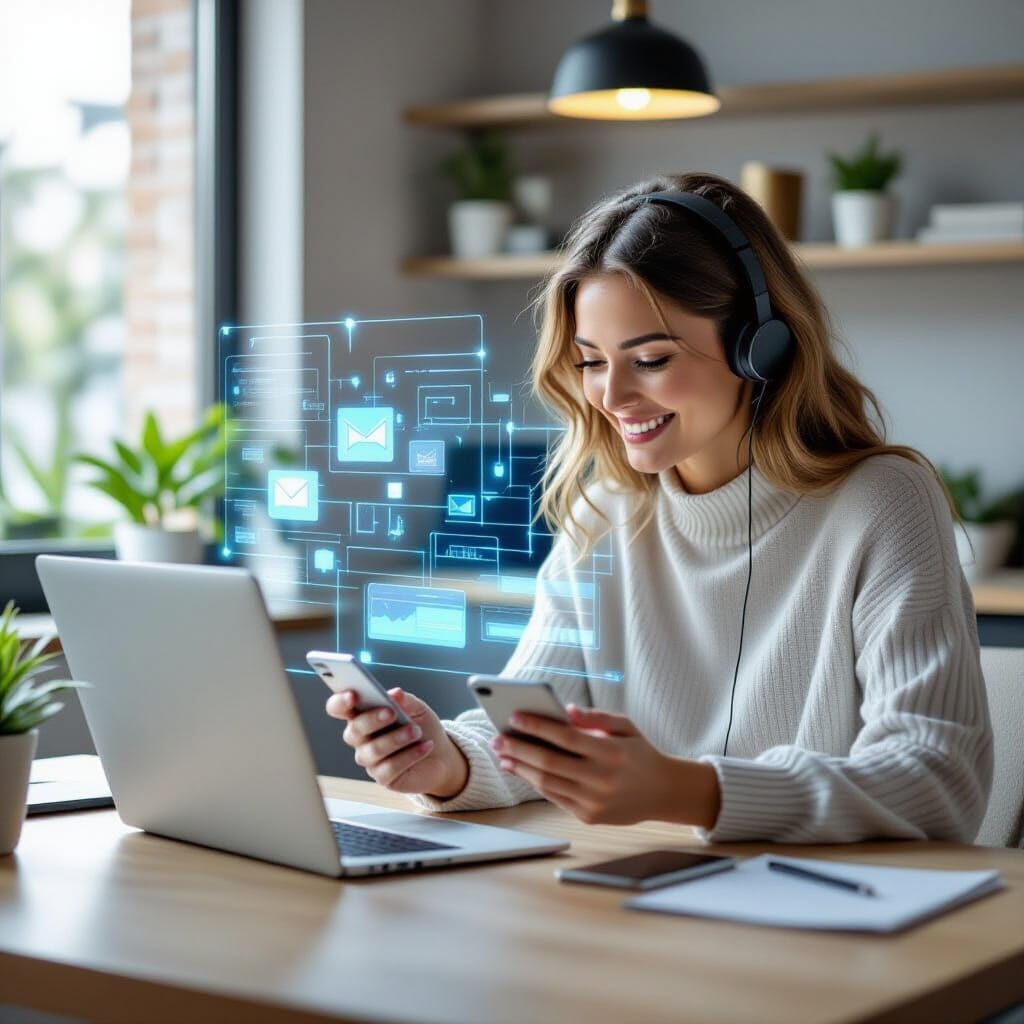 Modern minimalistic workspace, bright natural lighting. A creative freelancer is multitasking seamlessly across three de... Modern minimalistic workspace, bright natural lighting. A creative freelancer is multitasking seamlessly across three de...