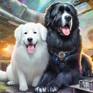 A black Newfie sitting next to a white Great Pyrenees