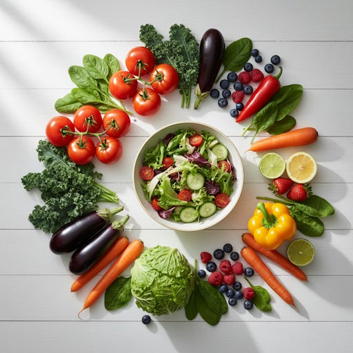 A circle of delicious-looking fresh vegetables.