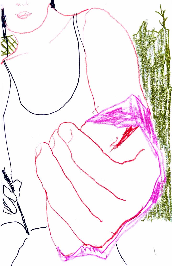 A hand wrapped in a bright purple bandage rests on a white table next to scattered colored pencils spilling from a mesh bag, with a lush green garden visible in the background & A soft colored pencil self-portrait drawn with non-dominant hand, showing a seated figure in pink and green tones with gentle, uncertain lines