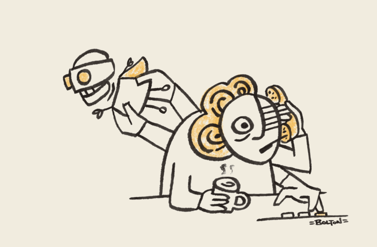 Animated illustration of a person at a desk using one hand to fly a caped robot while other hands type and hold a coffee cup, showing the human work behind AI’s apparent superpowers. Illustration by Rachael Bolton. Animated illustration of a person at a desk using one hand to fly a caped robot while other hands type and hold a coffee cup, showing the human work behind AI’s apparent superpowers. Illustration by Rachael Bolton.