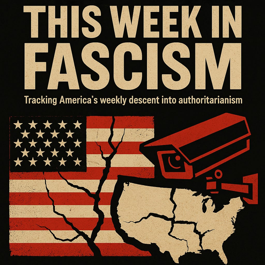 A bold, satirical graphic design for an article titled “This Week In Fascism.” The design features a cracked American flag, a red surveillance camera, and a fractured silhouette of the United States in a gritty, propaganda-inspired art style. The color scheme is limited to black, red, and beige with high contrast. Large text at the top: THIS WEEK IN FASCISM Subheading below in smaller text: Tracking America’s weekly descent into authoritarianism Layout should be widescreen (ideal for Substack headers), visually punchy, and suitable for recurring weekly use. Avoid clutter—focus on simplicity and impact.