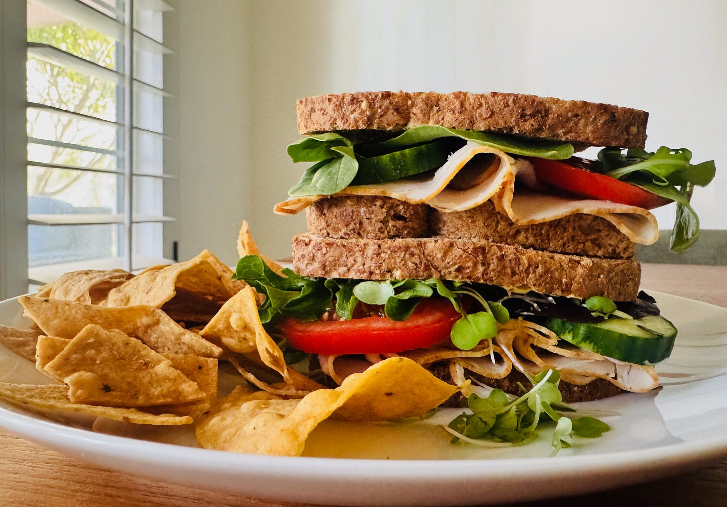 Jan's, Health, Bar, Inspired, Turkey, Sandwich, Microgreens, cucumber, tomatoes, Spike Seasoning, Ezekiel, sprouted, grain, bread, no avocado in the version, have'a corn chips.