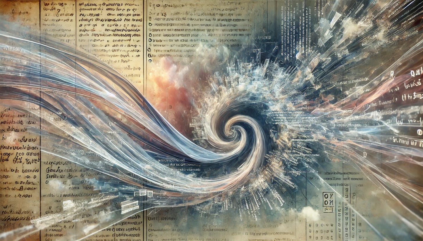 An abstract visualization of time folding in on itself, featuring flowing ribbons of text morphing between handwritten journal entries and digital code. The ribbons form a Möbius strip-like pattern, with translucent layers blending past and present in a dreamlike composition. The palette includes soft blues, golds, and hints of pink, evoking a sense of nostalgia and futurism.