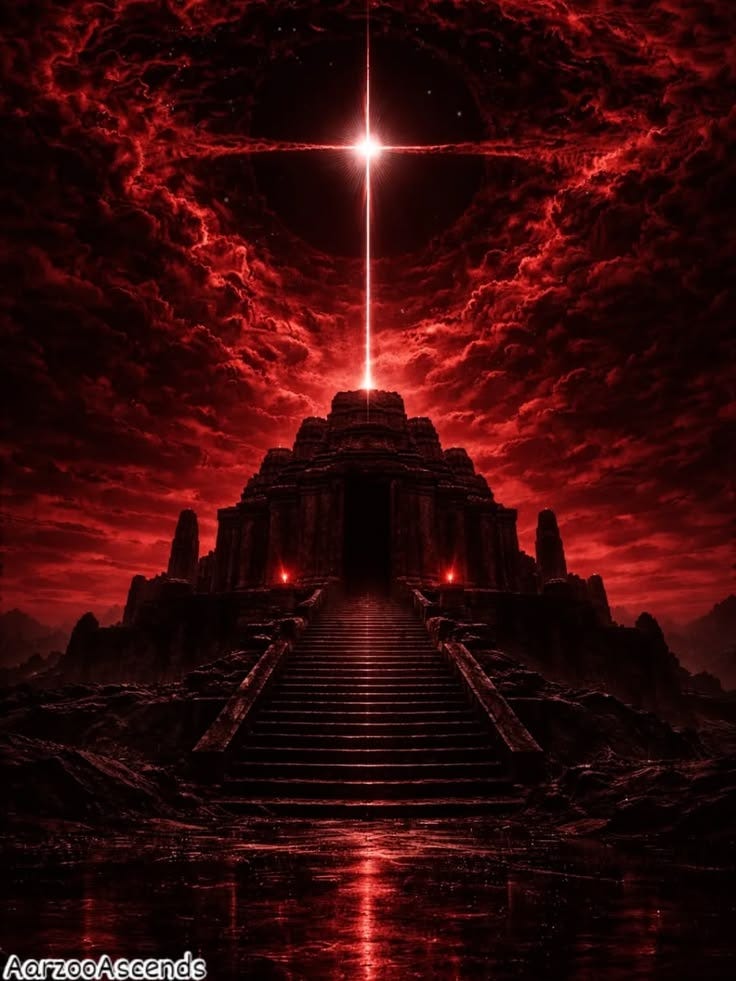 This may contain: a cross on top of a hill with stairs leading up to it in the sky This may contain: a cross on top of a hill with stairs leading up to it in the sky