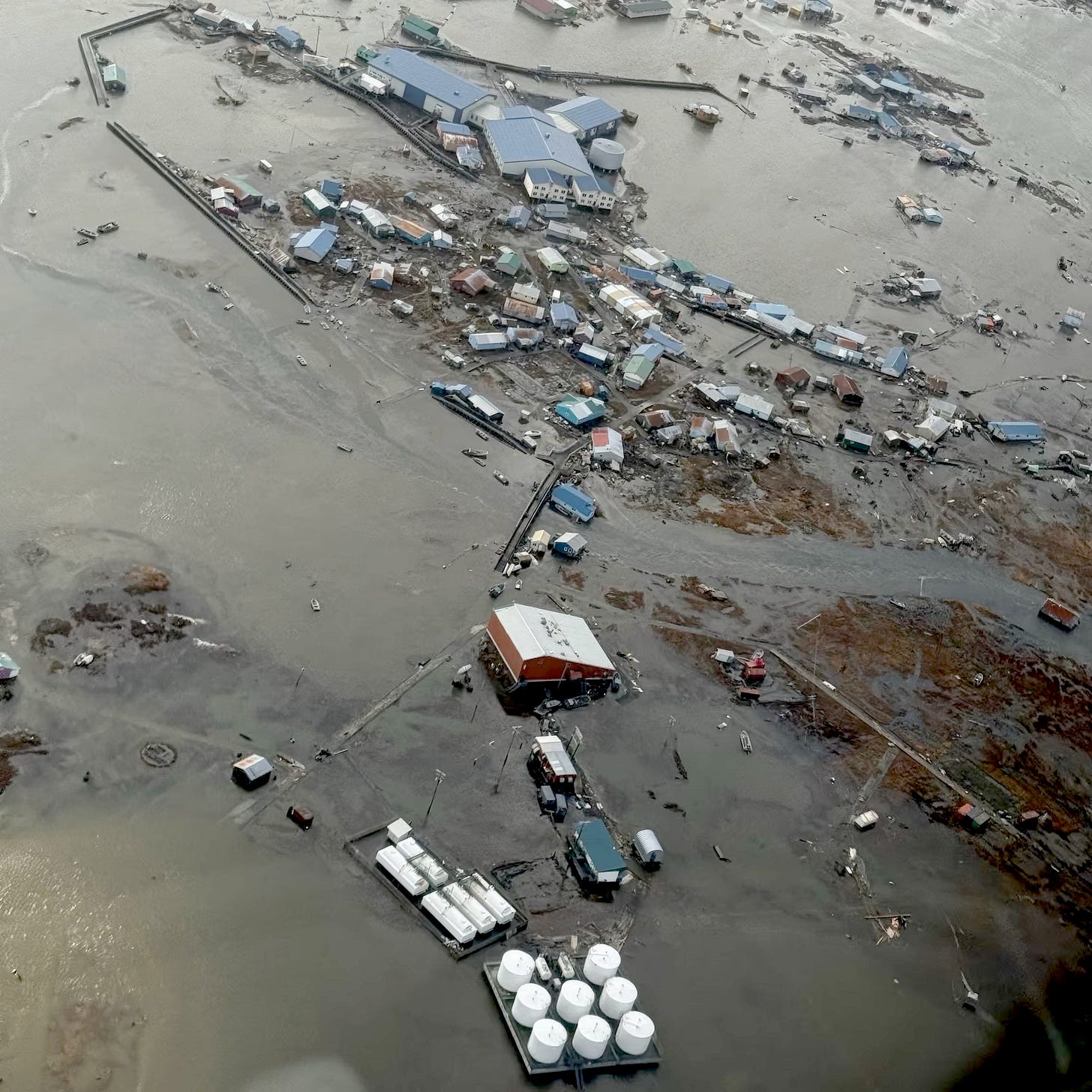 Aerial of Kipnuk, Alaska flood waters as far as he eye can see