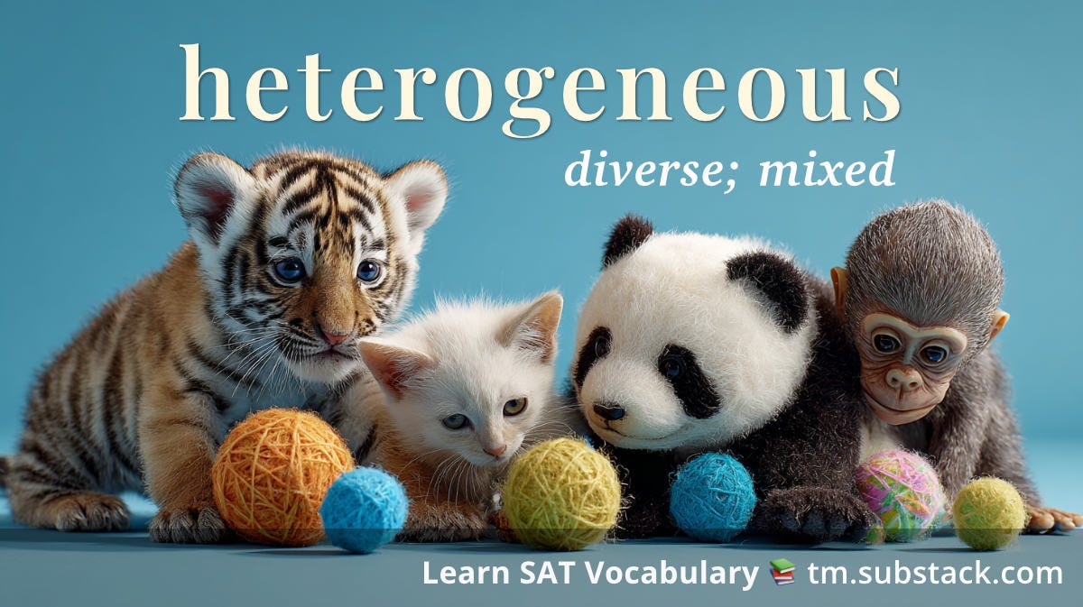 Illustration of diverse baby animals playing together with different colored toys (balls of yarn in this case); used to illustrate the SAT word 'heterogeneous'.