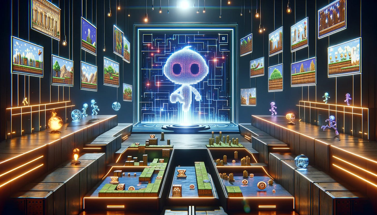 Imagine an advanced AI model, visually represented as a state-of-the-art entity, capable of creating platform-style video games reminiscent of classic games but with its own unique twist. This AI is depicted in a cinematic background, akin to a high-tech development studio filled with glowing screens showing levels, characters, and obstacles that pay homage to the essence of iconic platform games. The AI itself stands as a beacon of modern technology, with a sleek design surrounded by dynamic holograms of game design elements like jumping characters, coins, and unique enemies. It's a fusion of nostalgia and future tech, where digital creation meets timeless gameplay.