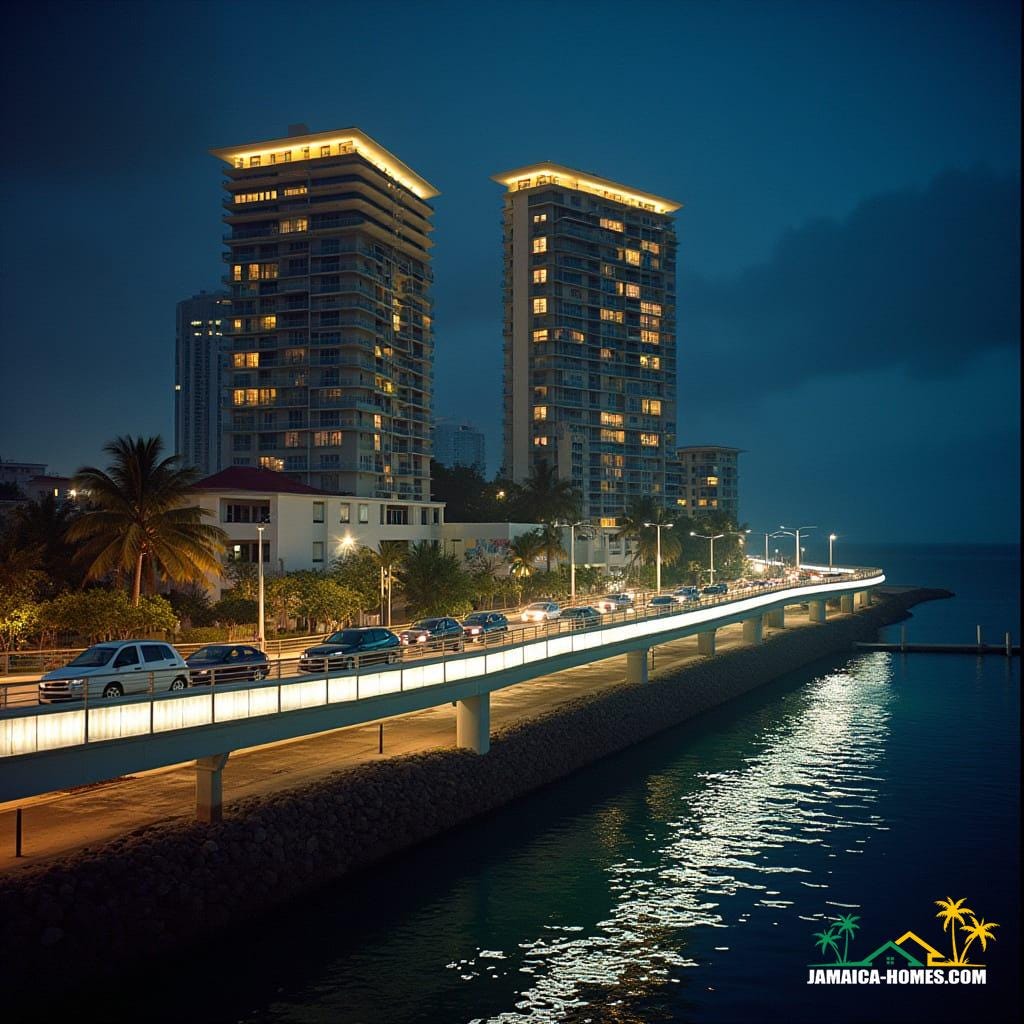 Glowing Kingston waterfront at night, futuristic condos with neon edges, illuminated skybridges, cars parked below, reflections on Caribbean Sea, Jamaican flags, murals, and reggae posters, cinematic lighting, shot on 35mm film with v-raptor XL, film grain, vignette, color graded, post-processed, inspired by the dramatic styles of Denis Villeneuve, Roger Deakins, and Emmanuel Lubezki.