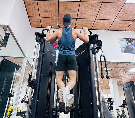 Three gym photos from Tenerife showing pull ups, barbell squats, and dumbbells during a vacation training session.