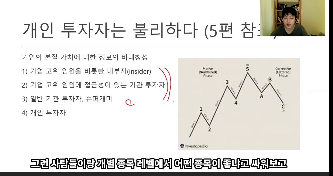 개인 투자자는 불리하다 (5편참 ] 1• 
기업의 본질 가치에 대한 정보의 비대칭성 
1) 기업 고위 임원을 비롯한 내부자(insider) 
2) 기업 고위 임원에 접근성이 있는 기관 투자자 
3) 일반 기관 투자자, 슈퍼개미 
4) 개인 투자자 
Motive 
|새u『占:『ed| 
Phase 
3 
4 
1 
2 
etnvestopedo 
5 
A 
C 
그런 사람들이랑 개별 종목 레벨에서 어떤 종목이 좋나고 짜워보고 