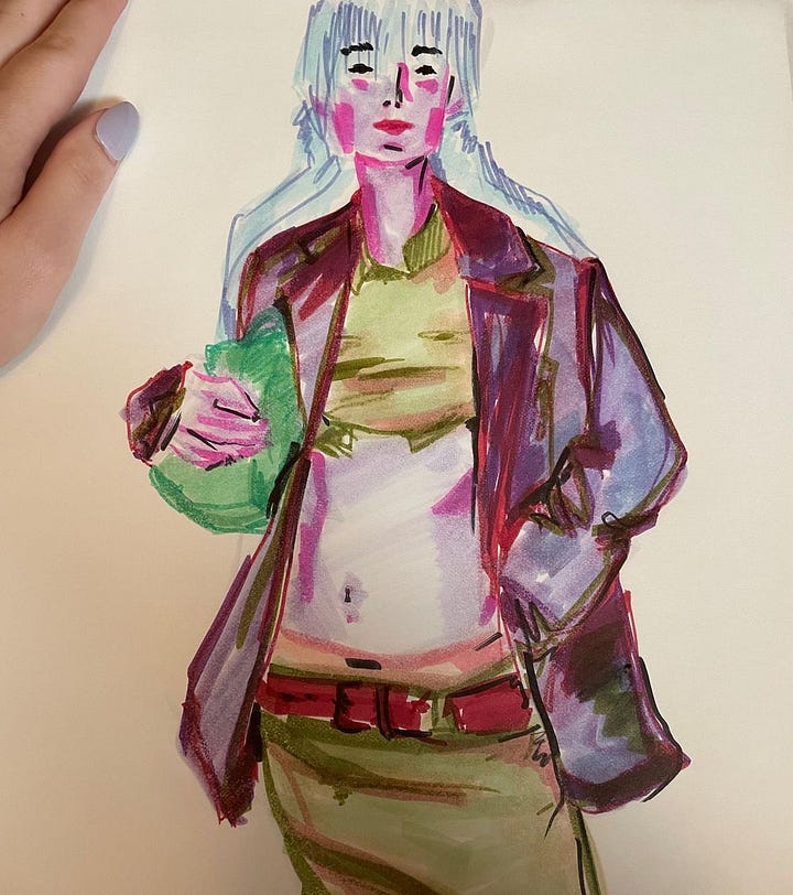 A sketch and a photograph of a woman. Both are very colorful, with shared pinks.