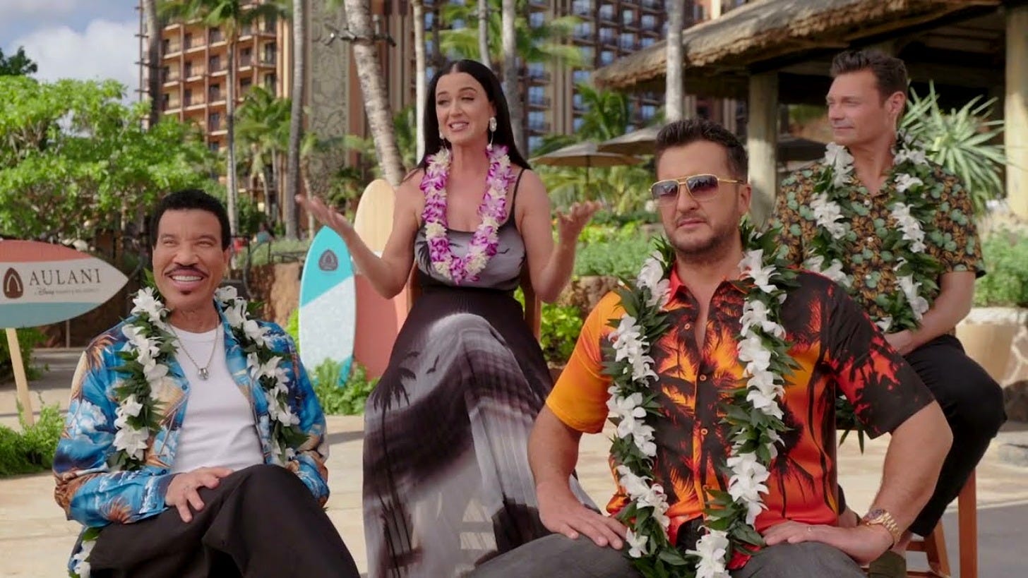 Lionel Richie, Katy Perry, Luke Bryan and Ryan Seacrest at Aulani for American Idol in 2023. Image: ABC