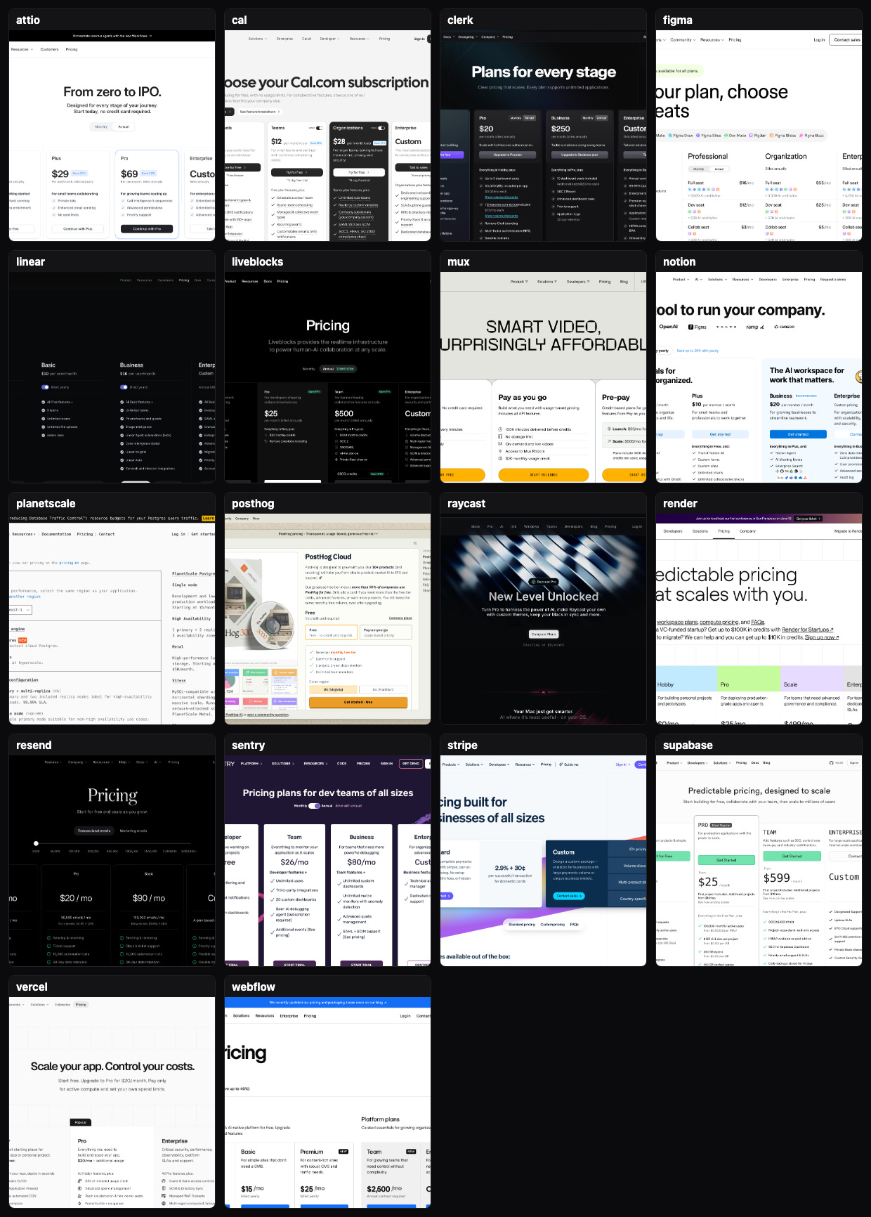 Fifteen real pricing pages captured live in a headless browser — Linear, Stripe, Figma, Attio, Notion and more