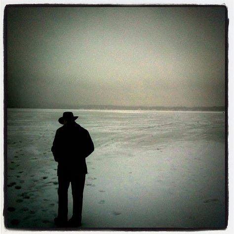 winter scenes in nature and a figure against a white background