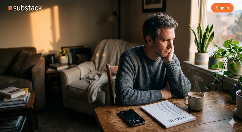 A man with dark curly hair sits at a wooden table in a sunlit living room at dawn, resting his chin on his hand with a dejected expression. On the table are a notebook displaying a "7:00 AM" checklist, a steaming mug of coffee, and a smartphone showing the time "7:01." Warm light streams in from a window, and the background features a grey armchair and potted plants. A Substack logo is in the top left corner, and a "Sign In" button is in the top right. A man with dark curly hair sits at a wooden table in a sunlit living room at dawn, resting his chin on his hand with a dejected expression. On the table are a notebook displaying a "7:00 AM" checklist, a steaming mug of coffee, and a smartphone showing the time "7:01." Warm light streams in from a window, and the background features a grey armchair and potted plants. A Substack logo is in the top left corner, and a "Sign In" button is in the top right.