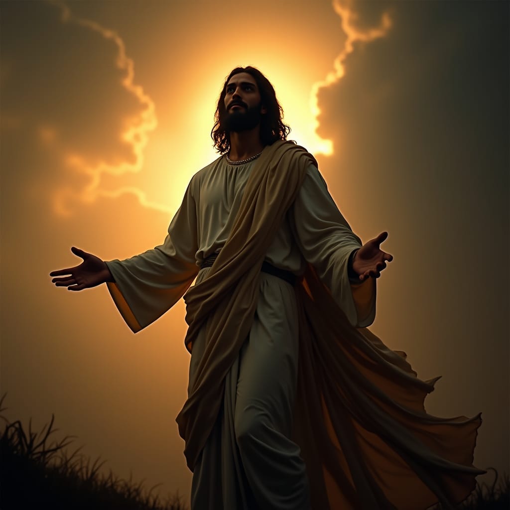 A majestic, dark-skinned Jesus Christ, radiating an aura of serenity and wisdom, stands against a dramatic, stormy backdrop, as if illuminated by divine light. 